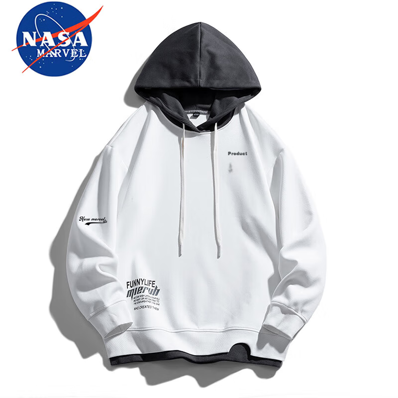 NASA MARVEL Sweatshirt for Men, Spring And Autumn Long-Sleeve T-Shirt, Hooded Faux Two-Piece Trendy Loose Casual Oversized Menswear, White, Size L