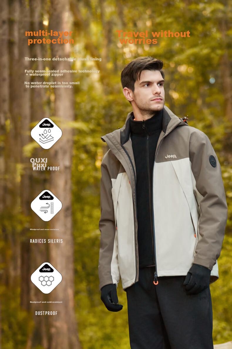 JEEP Windbreaker Jacket for Men And Women, Autumn And Winter Outdoor Three-In Windproof And Warm Mountaineering Coat, Vintage White, 3XL 7