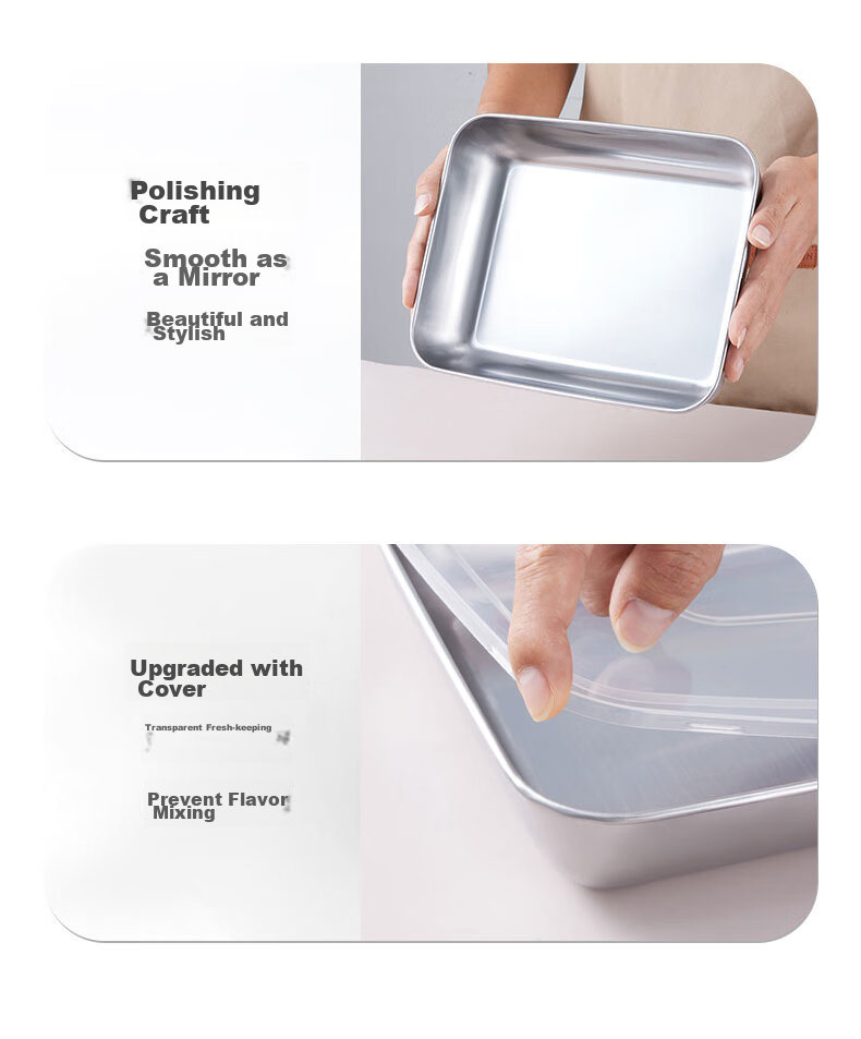 BJ Stainless Steel Rectangular Food Storage Containers, Extra Thick Tray Boxes, Vendors' Cold Dish Plates, Barbecue Plates, Large Size with Lids, Set of 6 11
