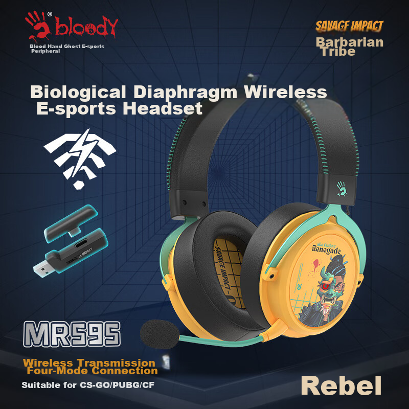 A4TECH Savage Tribe MR595 Wireless/Bluetooth/Wired Gaming Headset, Over-Ear Blood Hand Phantom, PUBG CS Lightweight Delta Valorant Game, Reverse Yellow