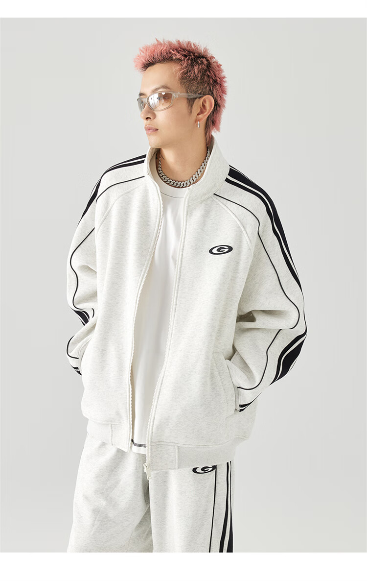 GOLFCROSS Trendy Couple's Style, Preppy Striped Contrasting Color Stand-Up Collar Loose Cardigan Sweatshirt Jacket, White, XL 16