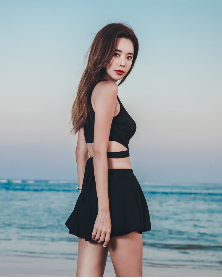 DK Women's Two-Piece Swimsuit with Skirt, Sexy Push-Up Design, Modest, Tummy Control, Slimming, Korean Style for Hot Springs, Black, Size L 9