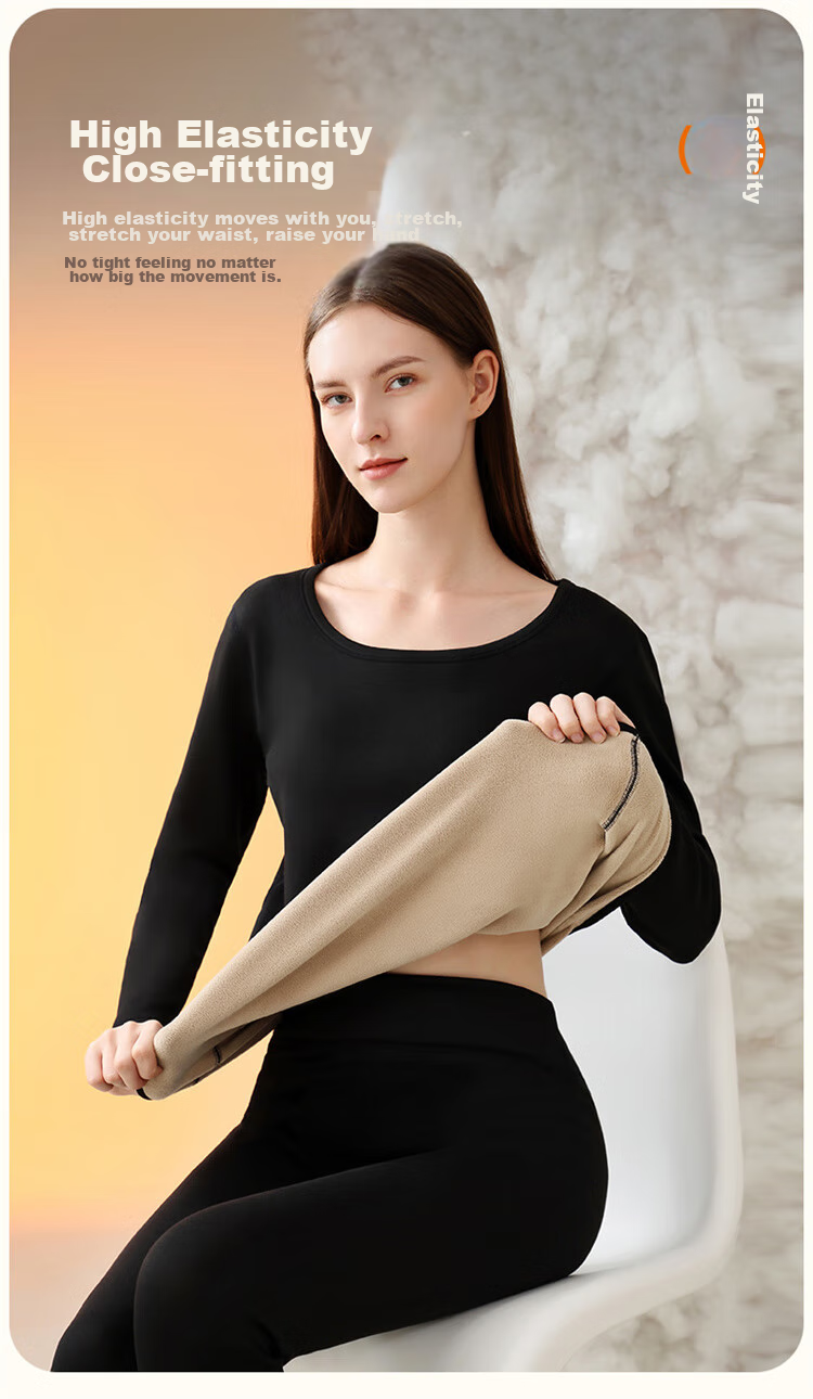LangSha Lambswool Thermal Underwear for Women, Thickened Fleece-Lined Base Layer Top And Bottom Set for Autumn And Winter, Black 10