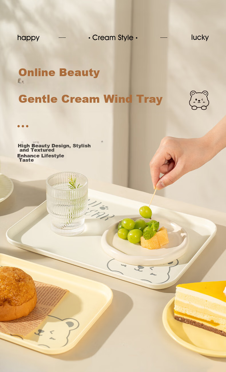 CAIZHI Rectangular Tray, Tea Tray for Home Use, Fruit Plate, Breakfast Tray, Storage Tray, Snack Plate, Large Size, Bear Design, Beige, CZ6949 11