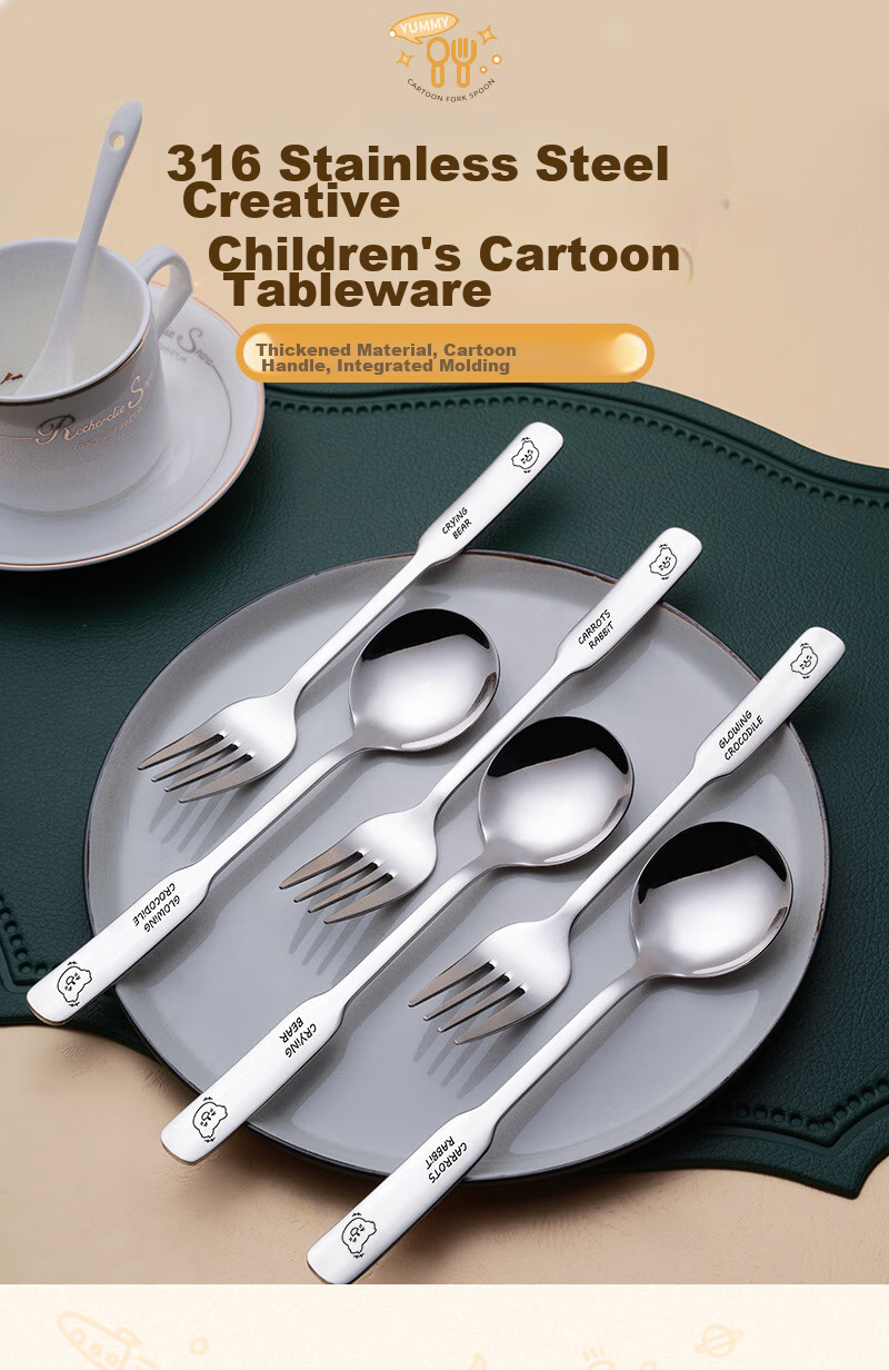 Edo 316 Stainless Steel Children's Fork And Spoon Set with Long Handles, Cartoon Design, Home Dining Utensils, 2-Piece Set, Bear Patter 1