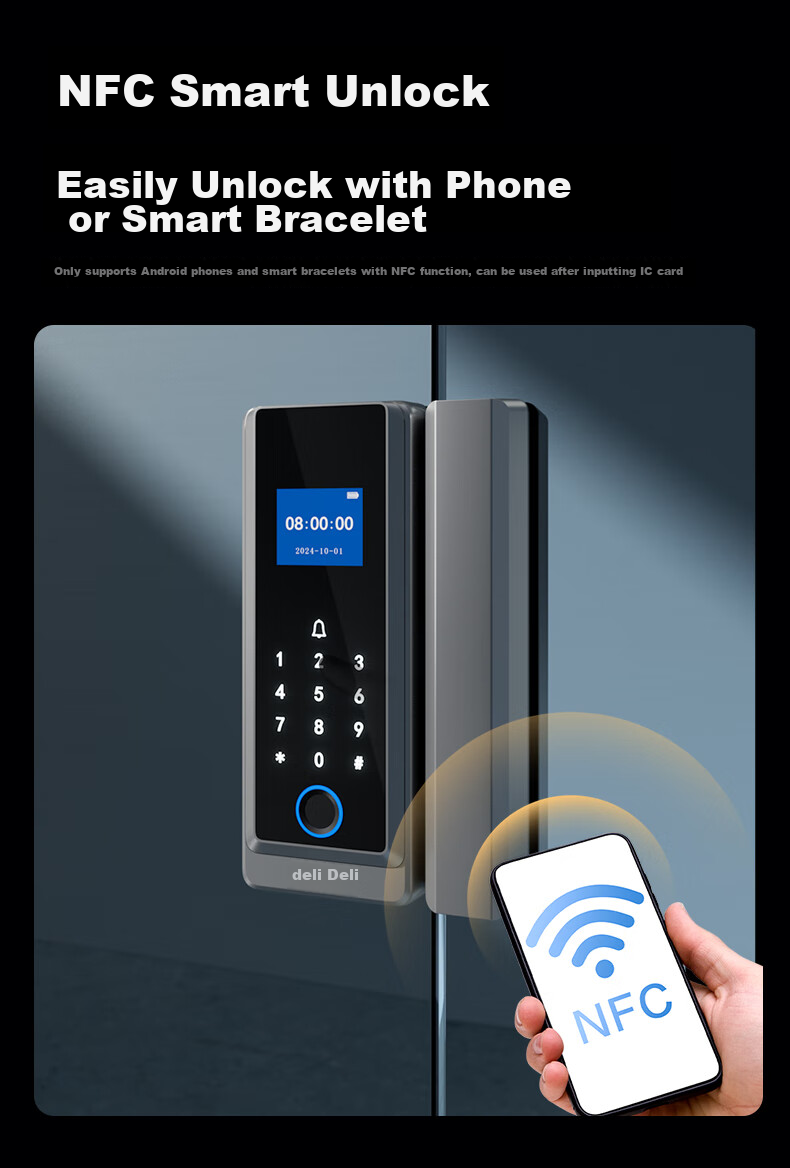Deli Glass Door Lock, Smart Lock for Glass Doors, Fingerprint Lock, Password Lock, Access Control Machine, Attendance Machine, Integrated Office Glass Door Lock, Mini-Program Management AL120 16