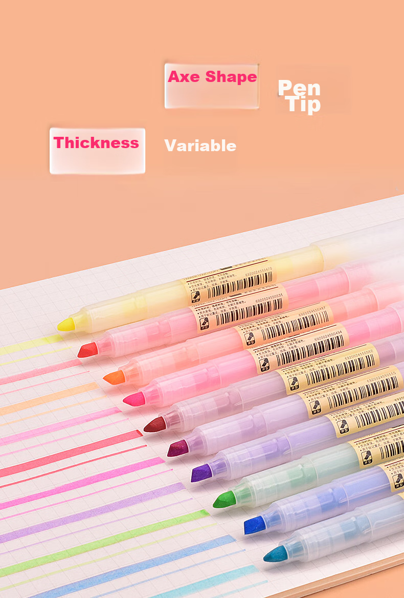 Snowhite Highlighter Set, 6 Colors, Axe-Shaped Tip, Light Pastel Color, Highlighting Pen, Journal And Drawing Marker, 6 Pens/pack, Six Ink Colors, PB-61 Bagged OPP 2