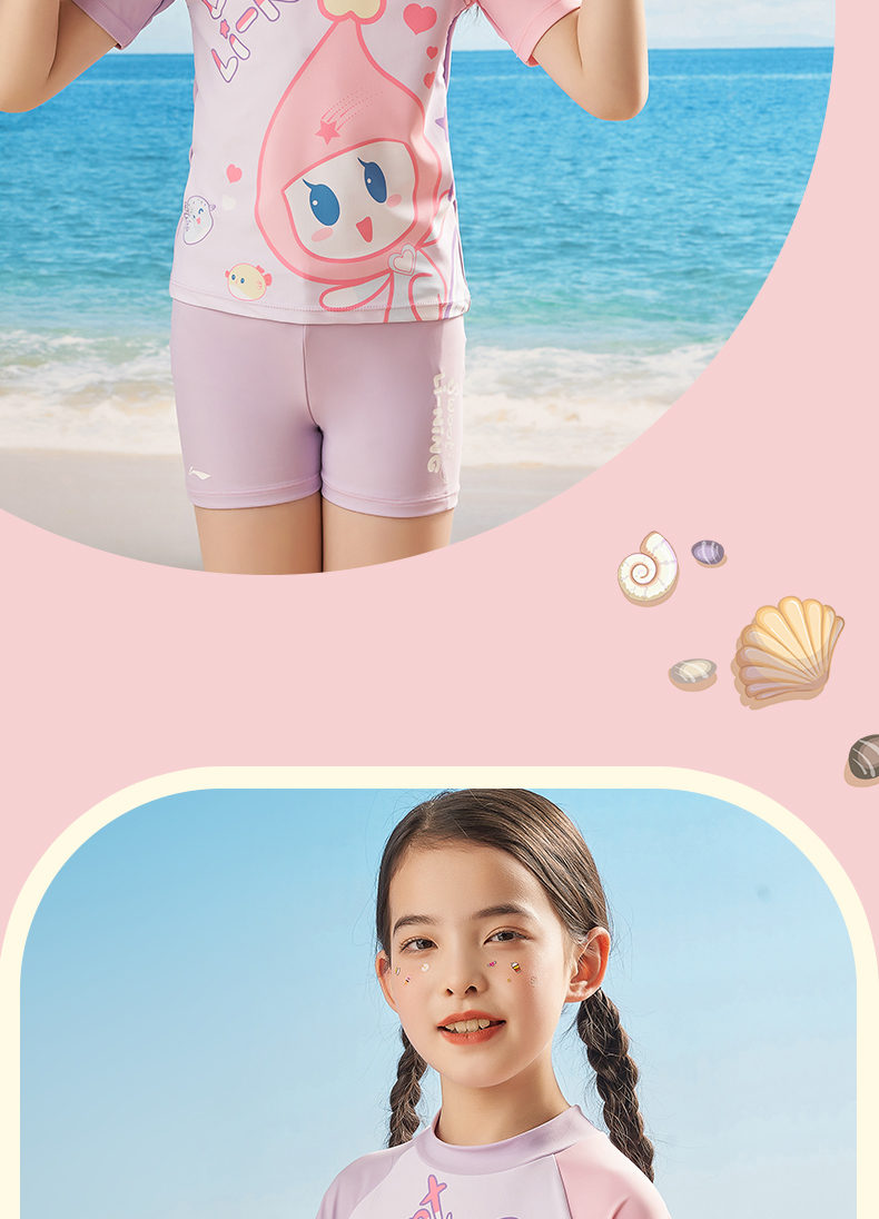 Li-Ning Children's Swimsuit, Girls' Two-Piece Sports Swimwear, Cartoon Design, Skin-Friendly, Quick-Drying, Swimming Costume, 903 Lavender Purple, Size 120 13