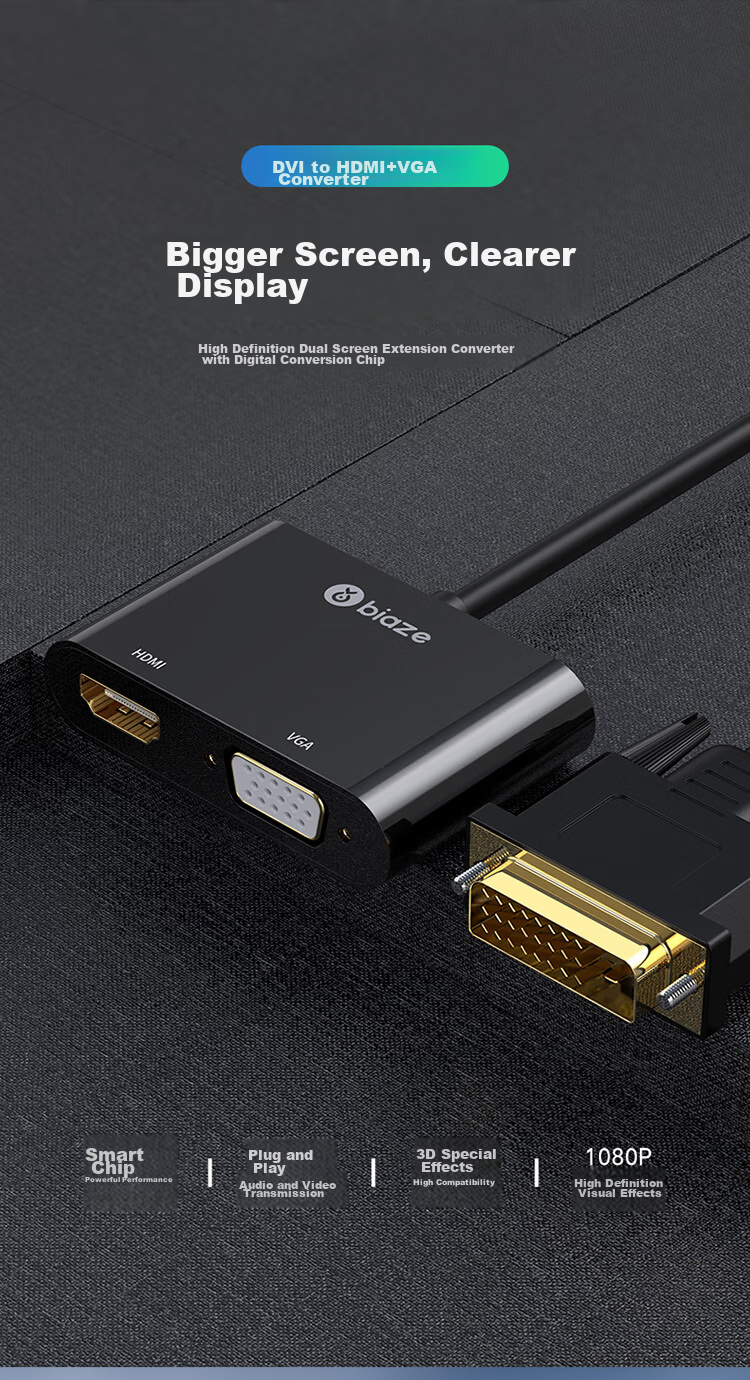 BIAZE DVI to HDMI + VGA Converter, One-To Splitter (Same Display), One-To HD Extension Splitter, One-In Two-Out, for Connecting PC to TV Or Projector 1