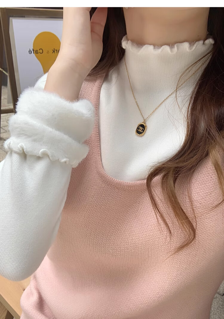 XUEXIMAN Knitted Sweater for Women, 2025 New Style, Solid Color Inner Layer, Semi-Turtleneck Top, Versatile Ruffle Trim Base Layer for Spring And Autum 22
