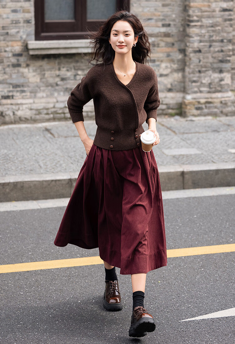 Dme [Crimson French-Style Midi Skirt], Waist-Symmetric Pleated Sharp Long Skirt, Crimson, M 6