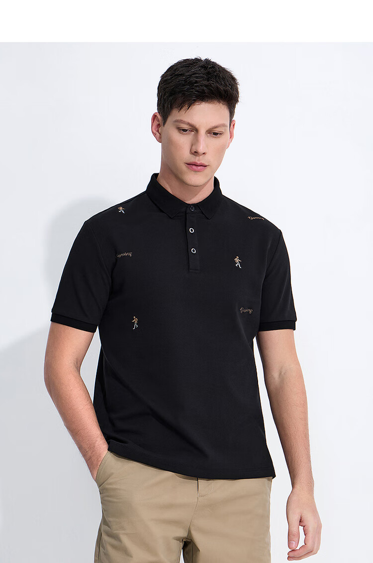 DANCING WOLVES [Cool Sensation Suoluna] Summer Ice-Cool Skin-Friendly Men's Short-Sleeve POLO Shirt, 001 Black, 180 4