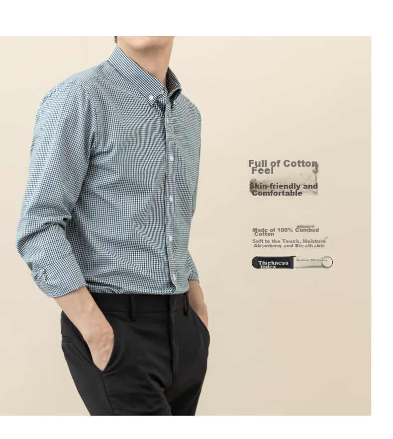 BLACKMONDAY Pure Cotton Brushed Plaid Shirt for Men, Long Sleeve, All Cotton, Wrinkle-Resistant, Formal Business Casual Dress Shirt 5