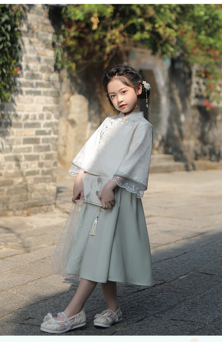 Qibo Hanfu Girls' Spring And Autumn Mid-Autumn Festival Kindergarten Performance Children's Chinese-Style New Traditional Set, Qingdai Long Sleeve, Size 100 6