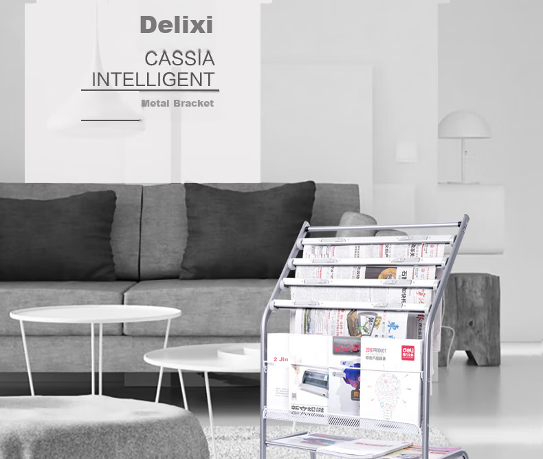 Deli Five-Tier Business Aluminum Alloy Clip Newspaper Rack Magazine Stand Library Bookshelf Newspaper Holder Floor-Standing Display Rack for Promotional Materials, Height 1.05 Meters 1