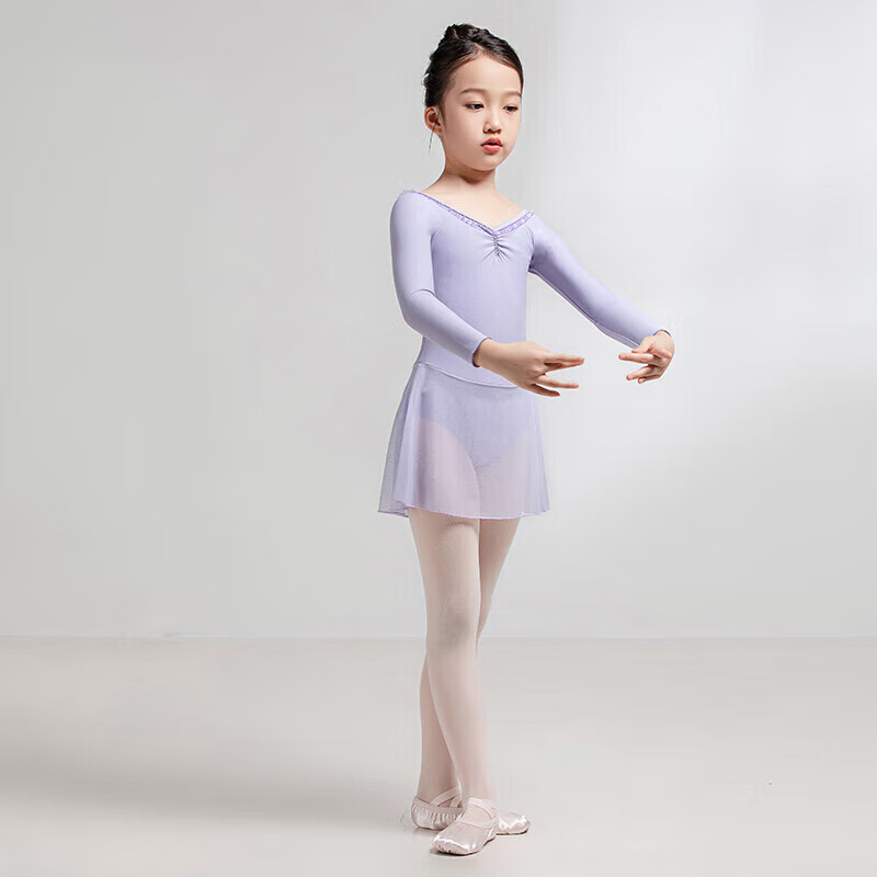 Sansha Ballet Practice Dress, Children's Dance Costume, Long-Sleeve Dress, Chiffon V-Neck Lace Bodysuit Dress, Light Purple, L