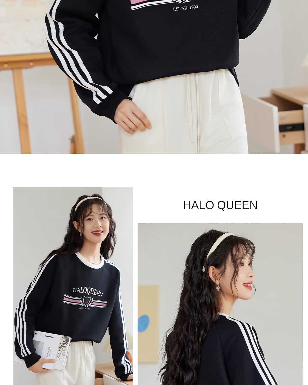 Halo Queen Women's Sweatshirt, Round Neck, Striped, Fashionable New Year Red, Casual Style, Loose-Fitting Top Jacket H143W1017 63