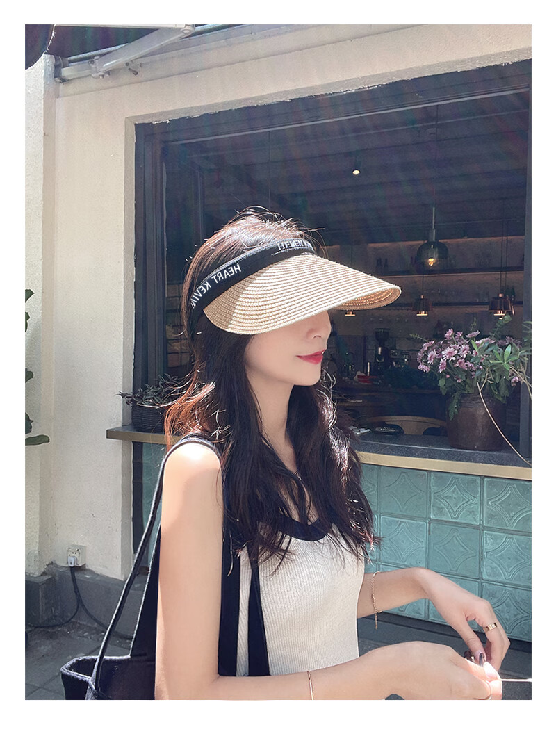 XUEXIMAN Summer Ins Straw Topless Baseball Cap for Women, Outdoor Versatile Beach Wide Brim Sun Protection Visor Hat, Sunshade Hat 8