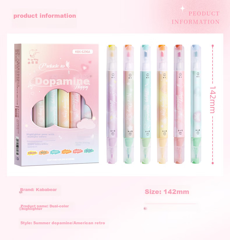 Kabaxiong Highlighters, Stackable, 6-Pack, High-Quality Student Marker Pens, Dual-Tip Non-Smear Journal Markers, Colorful Pens, American Retro Style 2
