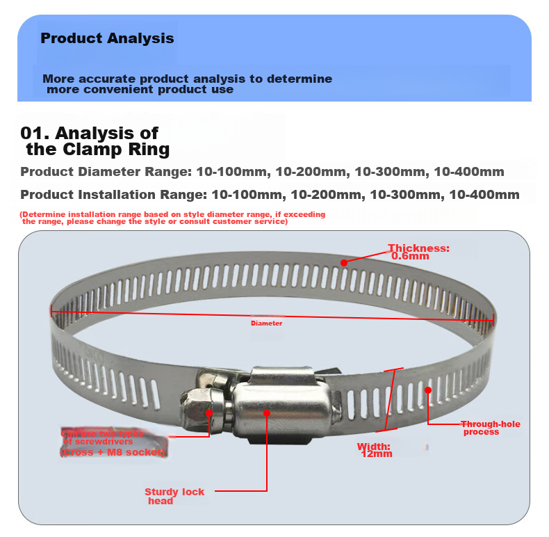 Minhongshi Camera Clamp Bracket, Full Steel Clamp, Stainless Steel Hose Clamp, Electrical Wire Pole Clamp, Stainless Steel Pipe Clamp Ring, Diameter 400MM 6