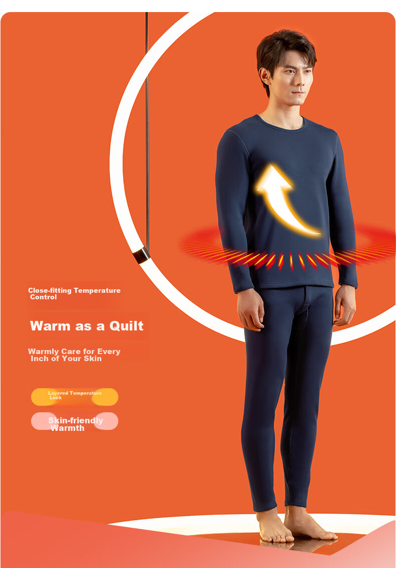 Yiershuang Autumn And Winter [40-Count Non-Shedding Fleece] Men's Round Neck Thermal Underwear Set, Fleece-Lined Thick Base Layer Autumn Top And Pants 6