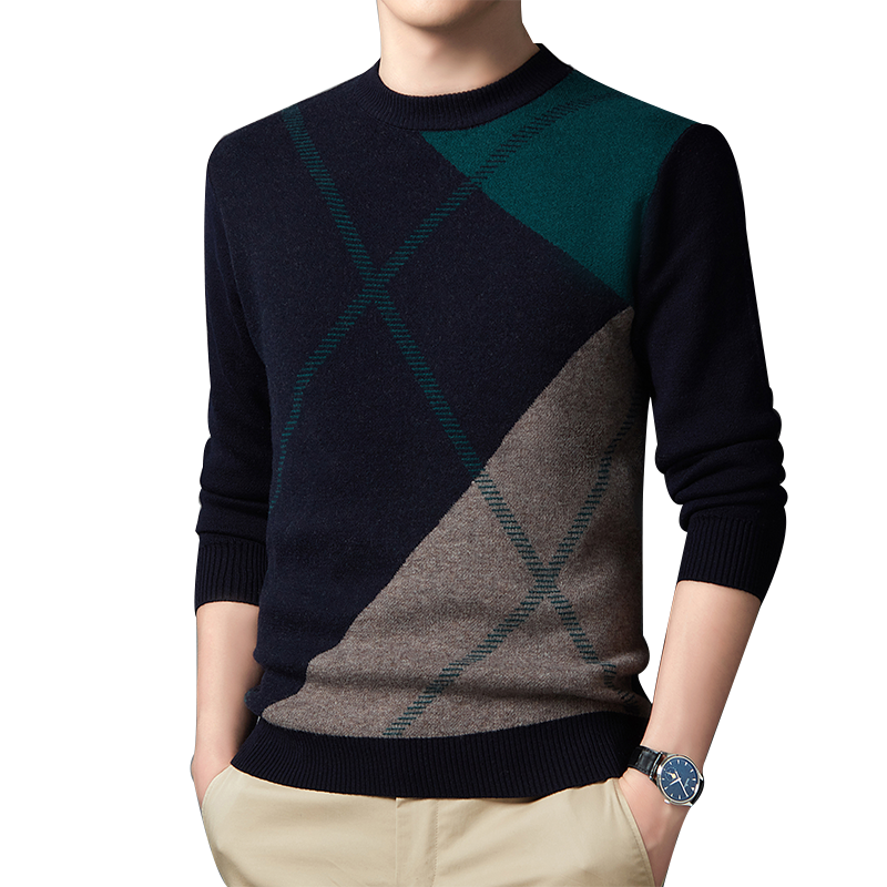 Hengyuanxiang Men's Wool Crew Neck Colorblock Pullover Sweater 08990225 Navy Blue 170/88A