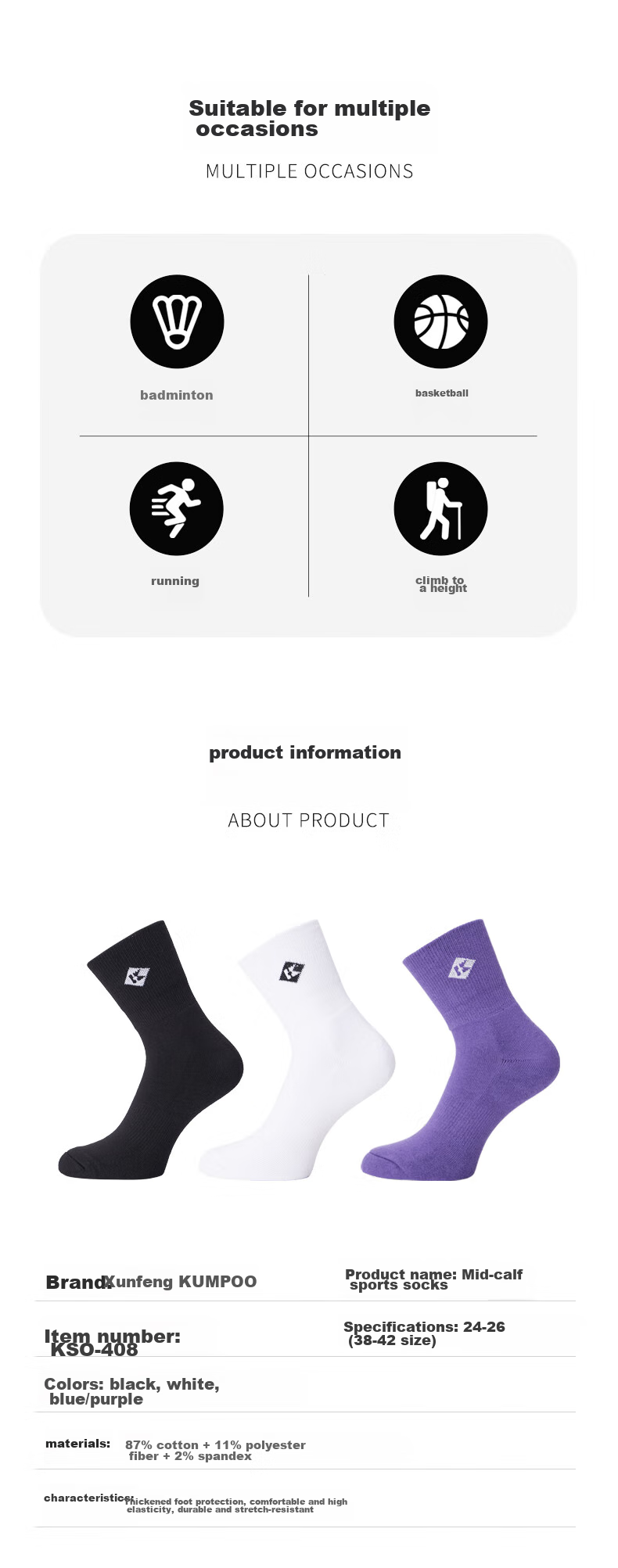 KUMPOO Badminton Socks, Sweat-Wicking, Breathable Training Socks, Badminton Socks, KSO-408 White 4
