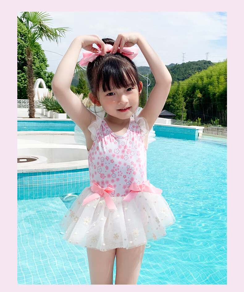 F.DYRAA Children's Swimsuit, One-Piece Dress for Girls, Cute Princess Style for Toddlers, Suitable for Swimming Pool And Hot Springs, Model 32652, Pink, Size L 6
