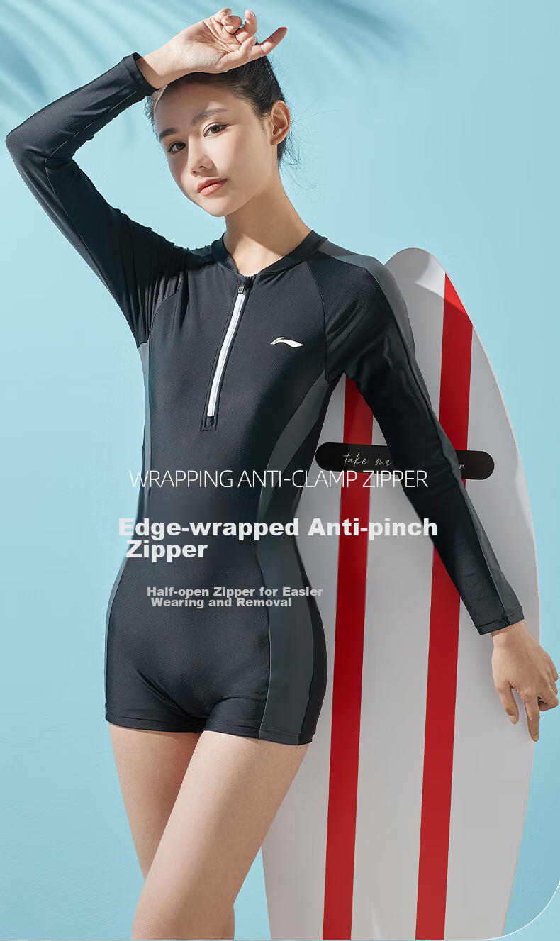 Li-Ning One-Piece Swimsuit for Women, Long Sleeves, Sun Protection, Conservative, Slimming, Comfortable, Chlorine-Resistant, Sports Training Swimwear 018 Black Gray XL 8