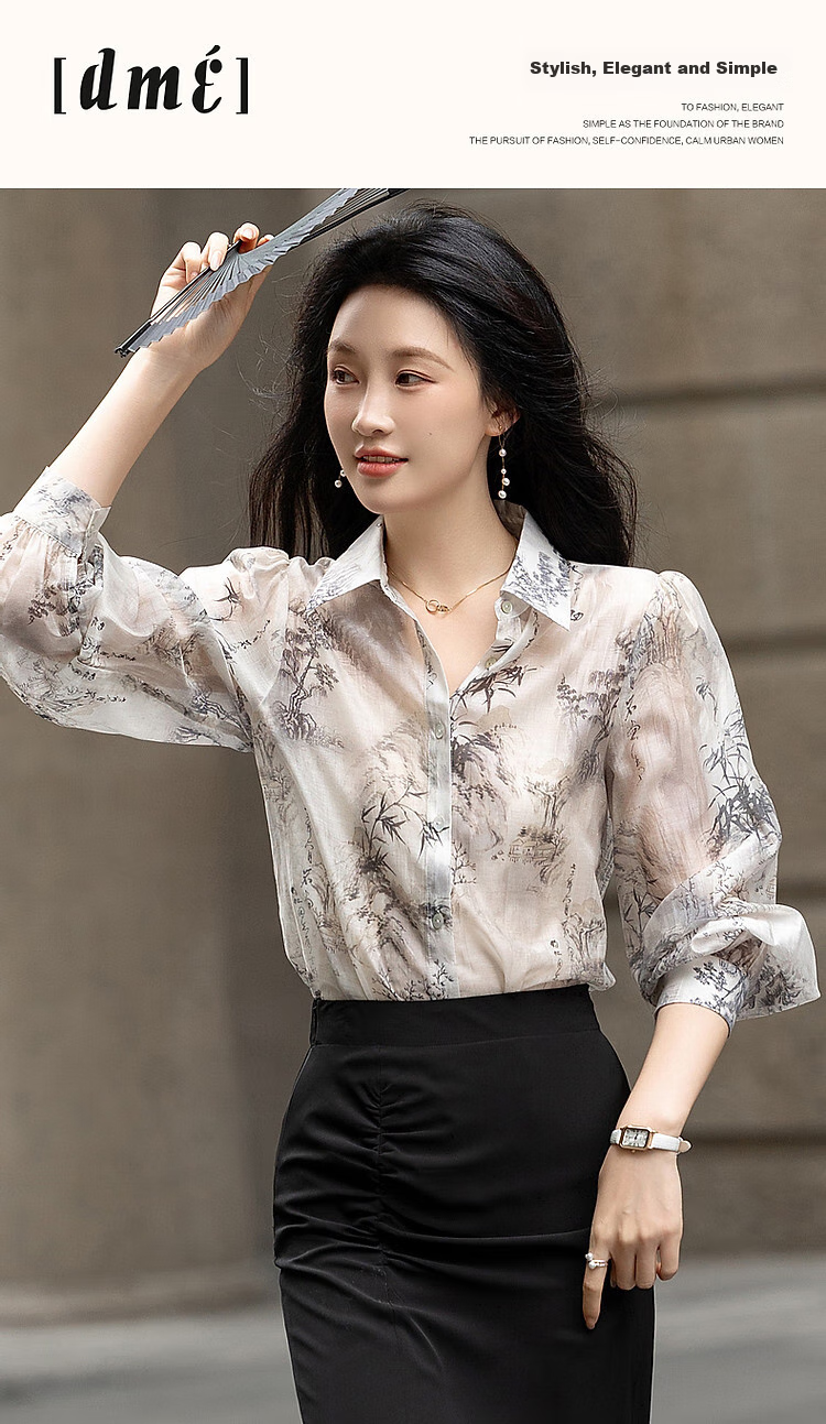 Dme [Tiansi Lianren] Autumn Chinese Style New Light-Weight Lyocell Blend Shirt, Printed Pleated Blouse, Women's Top 1