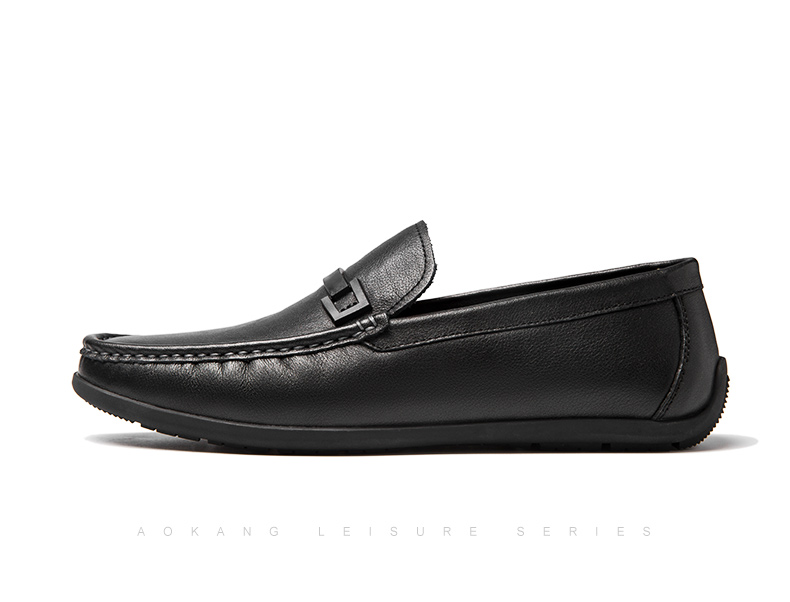 Aokang Business Casual Leather Shoes, Comfortable Soft Sole Driving Shoes, Low-Top Slip-On Loafers, Lazy Slip-Ons, Black, Size 39 10