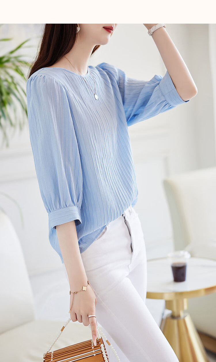 Dme [French Textured Shirt] Summer Commuter Round Neck Lantern Sleeve Blouse Women's Top, Off-White, L 16