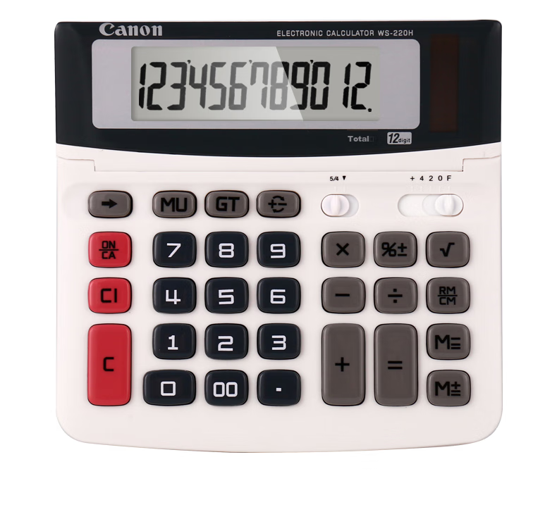 Canon WS-220H Calculator, 12-Digit Display, White, Dual Power Supply, High Precision, for Student Exams And Office Use, Adjustable Screen, Business Portable 11