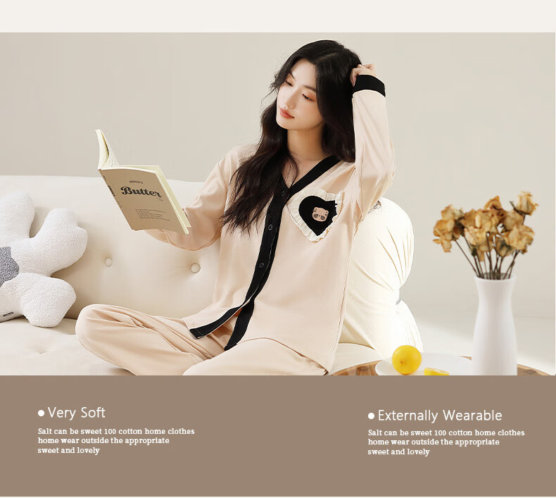 Yiershuang [100% Pure Cotton] Women's Pajamas, Spring And Summer Long-Sleeve V-Neck Cardigan, Printed Loungewear Set, Loose-Fitting for Outdoor Wear 10