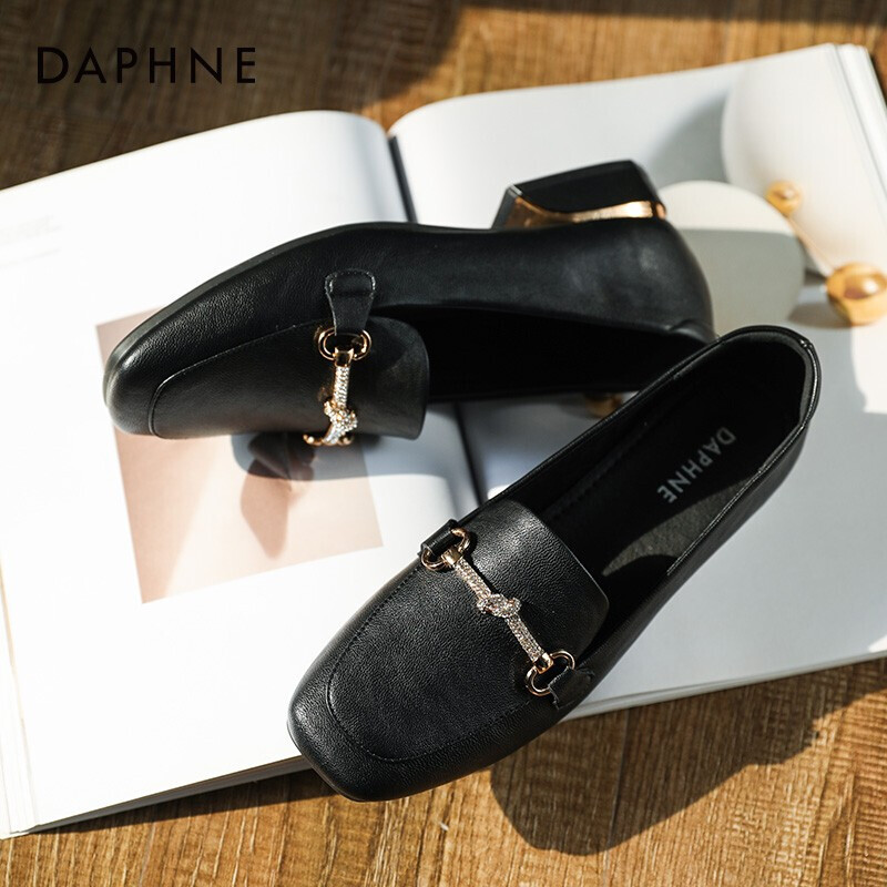 DAPHNE Women's Leather Shoes, Spring And Autumn Slip-On Loafers, Flat-Bottomed British Style Penny Loafers, Women's Flats, Black, Size 38