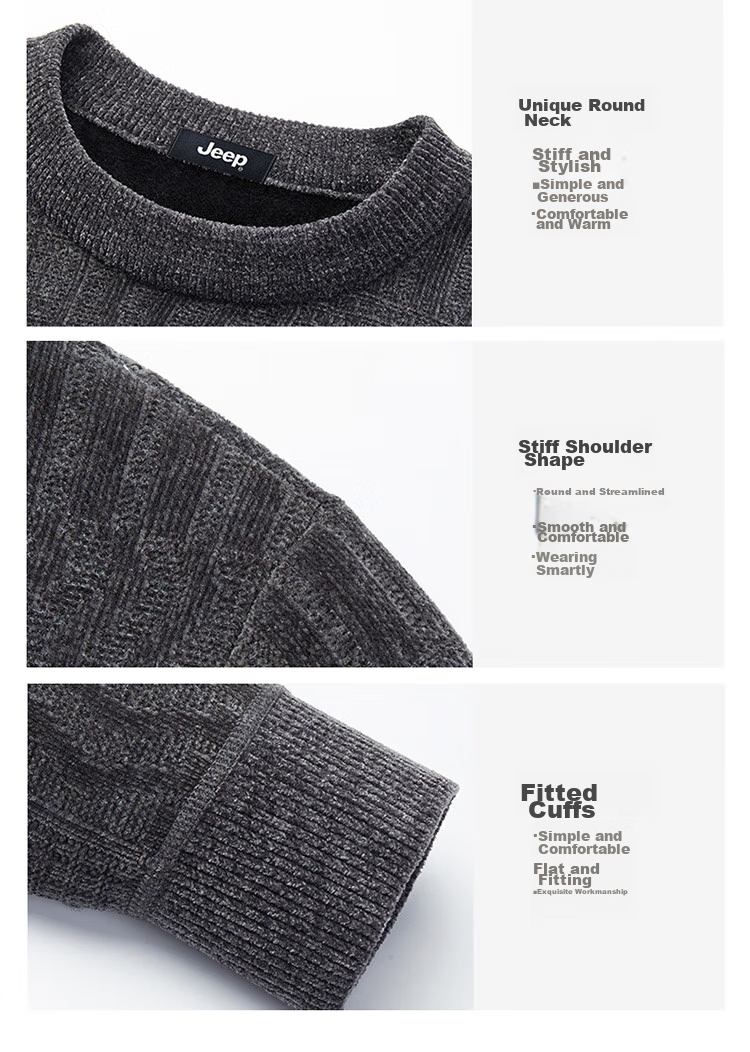 JEEP Men's Sweater, Autumn And Winter Fleece-Lined Thick Warm Knit Pullover, Round Neck Menswear, Black Fleece-Lined, 4XL 11
