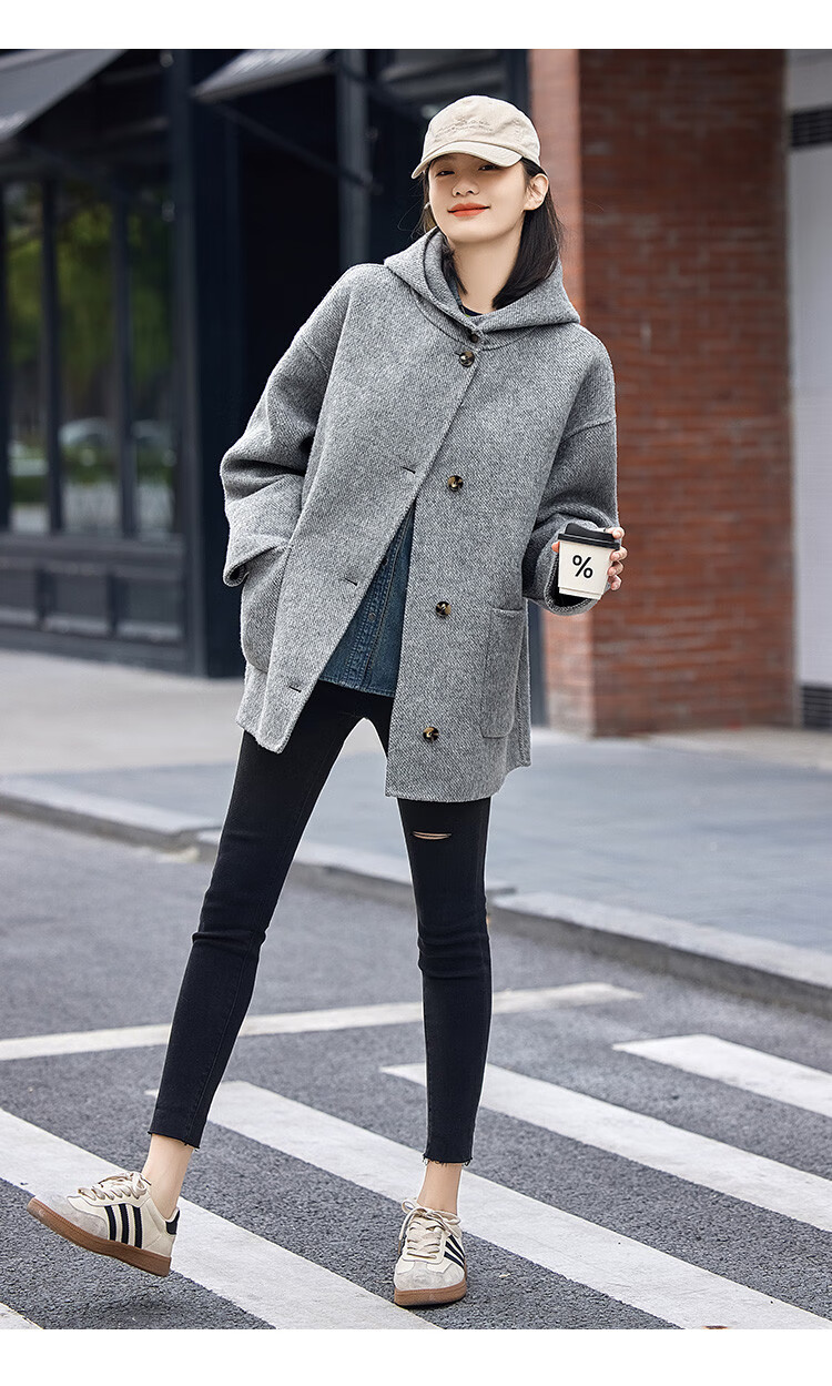 Demana Gray Series Hooded Woolen Coat Winter Loose Long Double-Sided Wool Coat Women Gray L 8