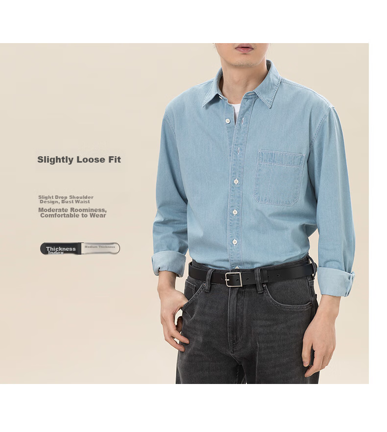 BLACKMONDAY Pure Cotton Vintage Washed Denim Shirt, Men's Business Formal Wear, Single Pocket Casual Long-Sleeve Shirt Jacket 9