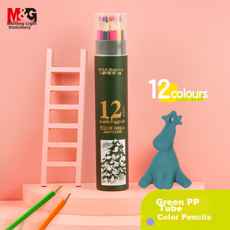 M&G Stationery, 12-Color Oil-Based Colored Pencils, Student Art Drawing, Coloring, Green Tube, Exam, Children's Drawing, Girls' Birthday Gift, AWP34309