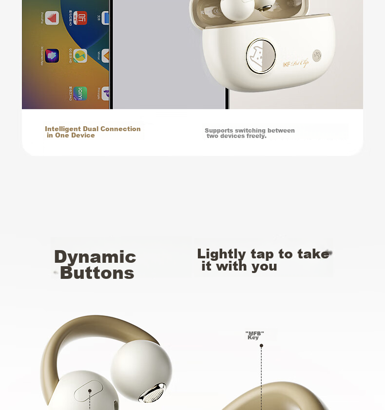 IKF PetClip True Wireless Bluetooth Headphones, Open-Ear Clip-On Bone Conduction Wireless Earphones, HiFi Sound Quality, Long Battery Life, Suitable for Sports And Students, Compatible with Phones, Khaki 26
