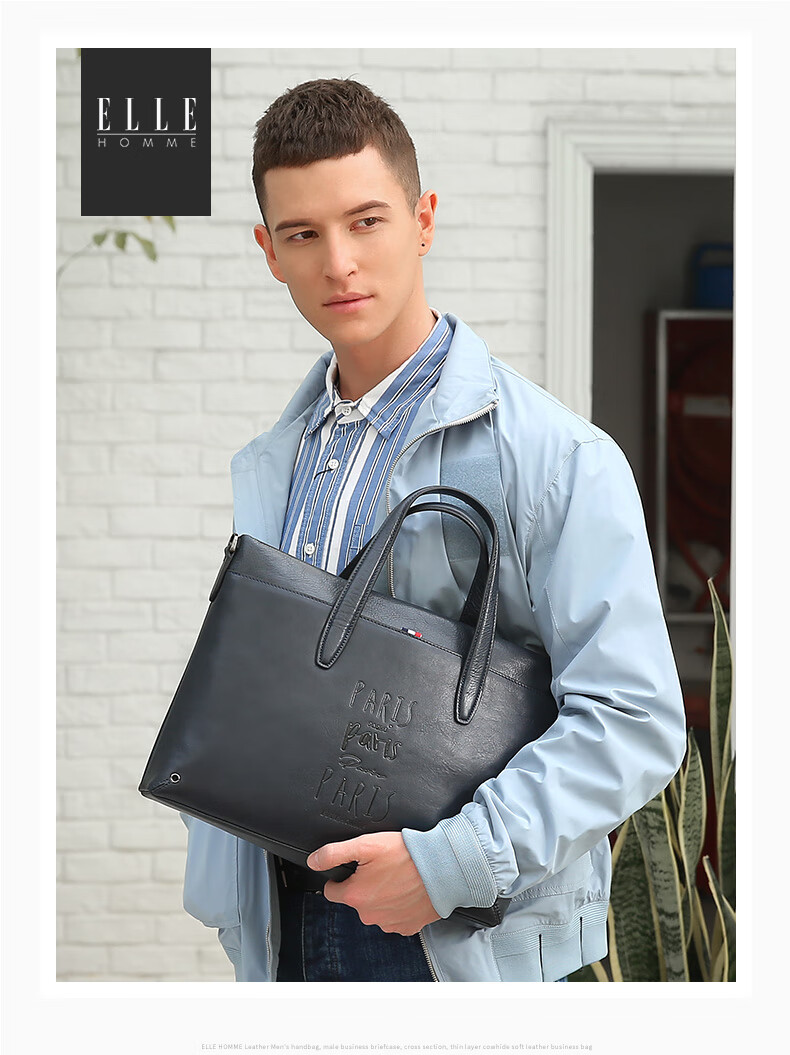 ELLE HOMME Men's Business Briefcase, Trendy Multifunctional Top-Grain Leather Handbag, Casual Horizontal Style Shoulder Crossbody Bag EA988201710 Black 1