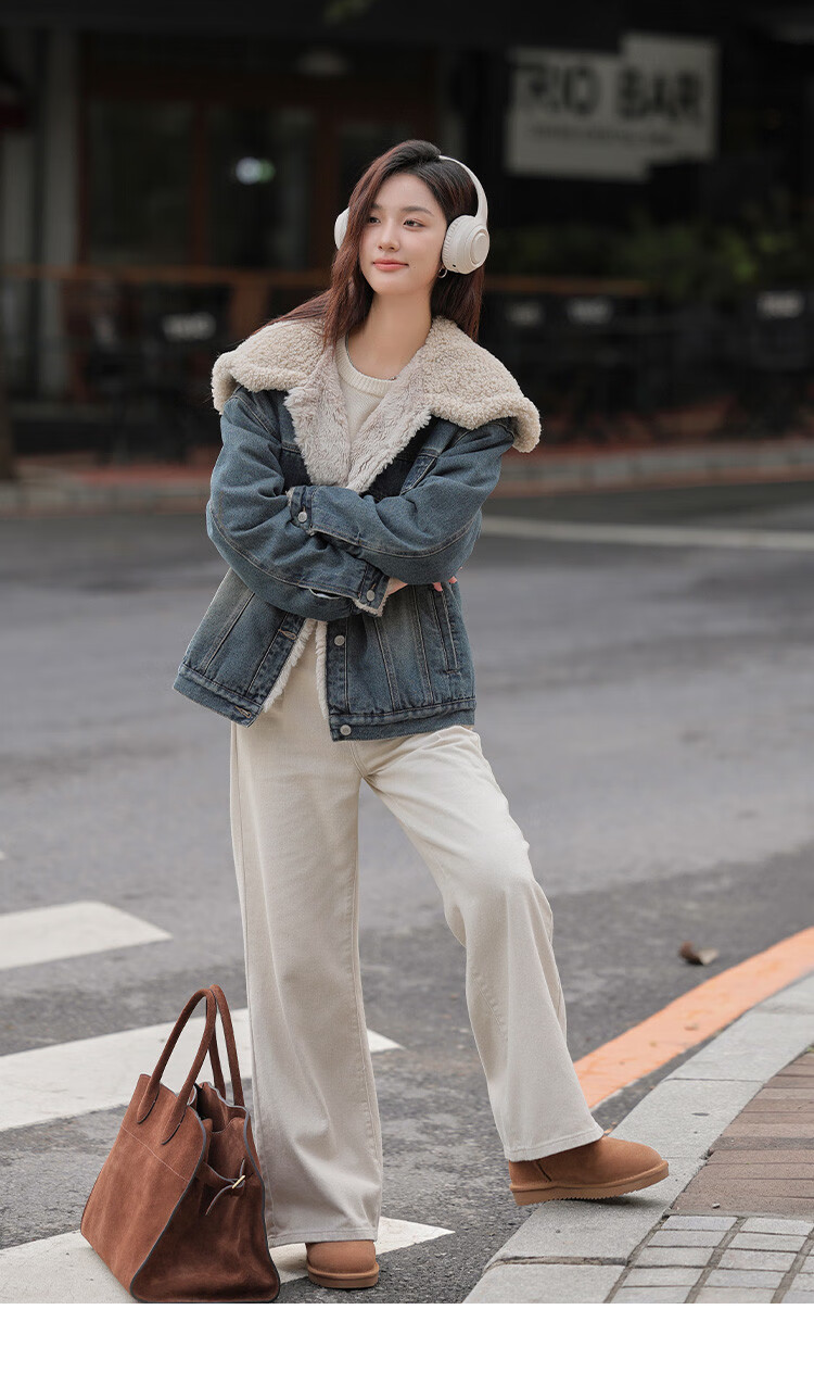 DME Fashion Vintage Large Lapel Winter Denim Composite Faux Lamb Wool Jacket for Women Dark Denim Blue S 10