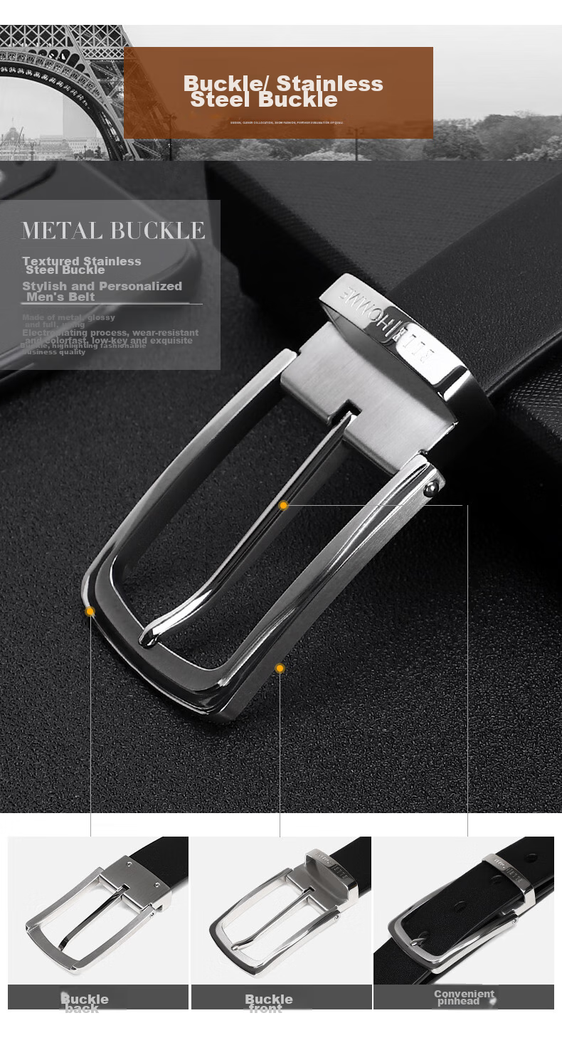 ELLE HOMME Men's Business Leather Belt, Top-Grain Cowhide Pin Buckle Waistband, Stainless Steel Buckle Trouser Belt, Birthday Gift for Me 6