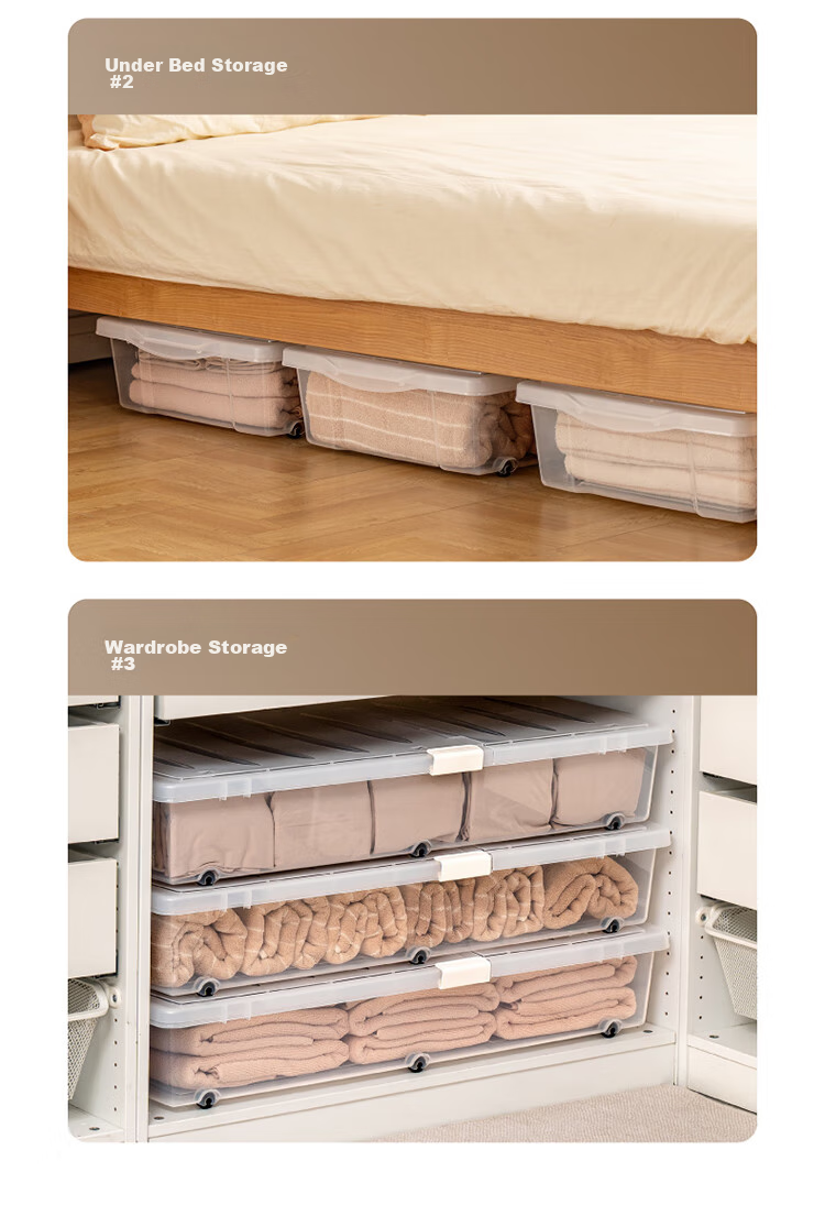 Xitianlong Under-Bed Storage Box, Toy Organizer, Quilt Storage Box, Flat Double-Opening Lid with Wheels, Transparent, 54 Liters, 2-Pack 15