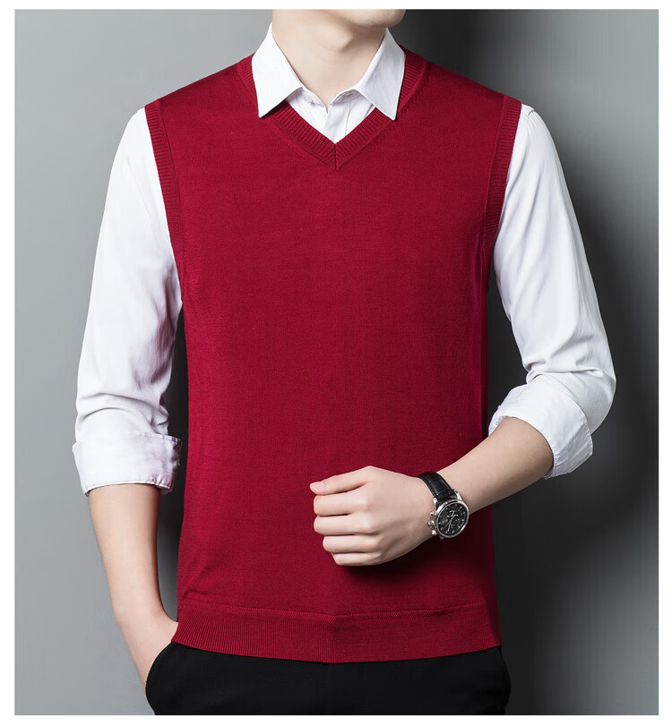 Hengyuanxiang Machine Washable Pure Wool Men's V-Neck Vest Fine Spun Wool Knit Sleeveless Sweater Medium Gray 175 4