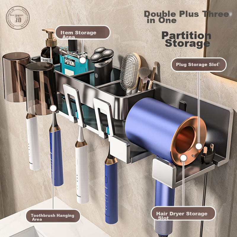 Baihan Toothbrush Holder, No Drilling Required, Bathroom Storage Rack, Toilet And Shower Room Organizer, Multi-Functional Holder for Mouthwash Cup And Hair Dryer
