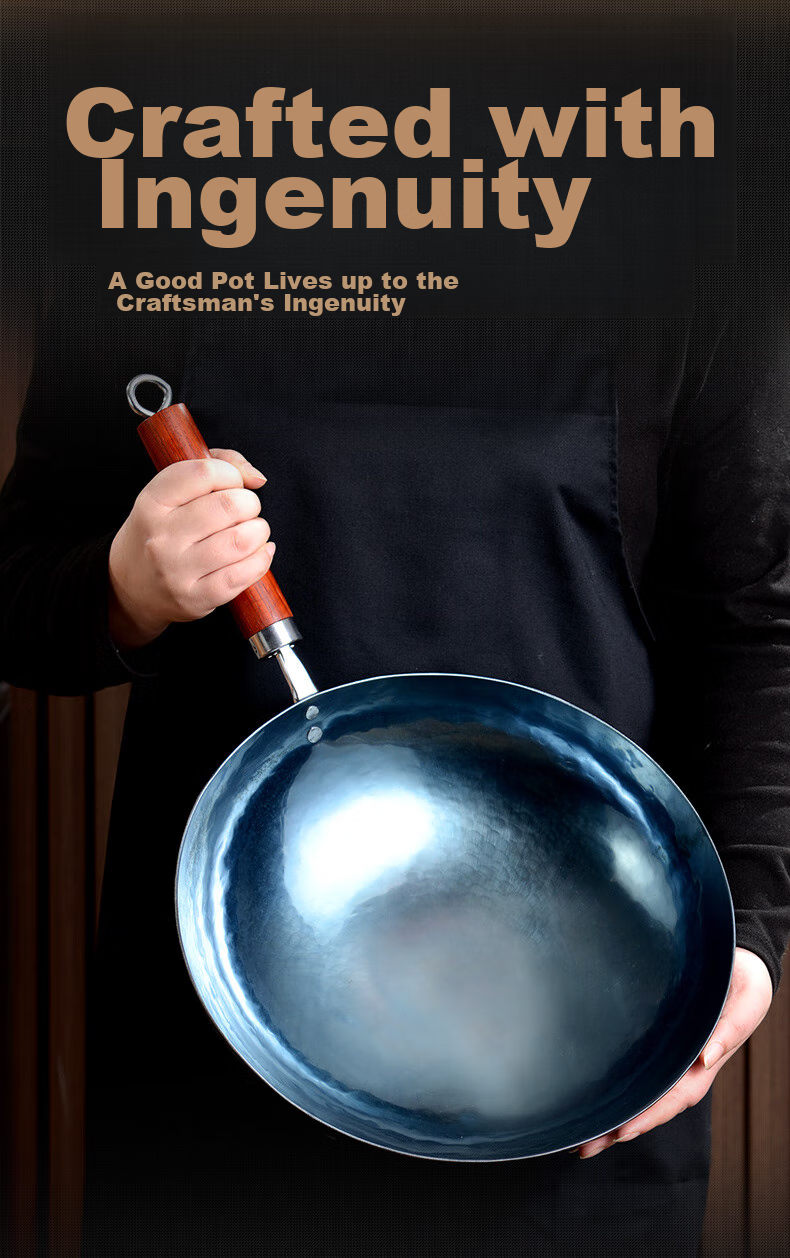 Laoniejia Sanwanliuqian Non-Stick Wok, Zhangqiu Iron Wok, Tongjian Three Brands, Household Handmade Traditional Wooden Handle Iron Pot, 32cm 15