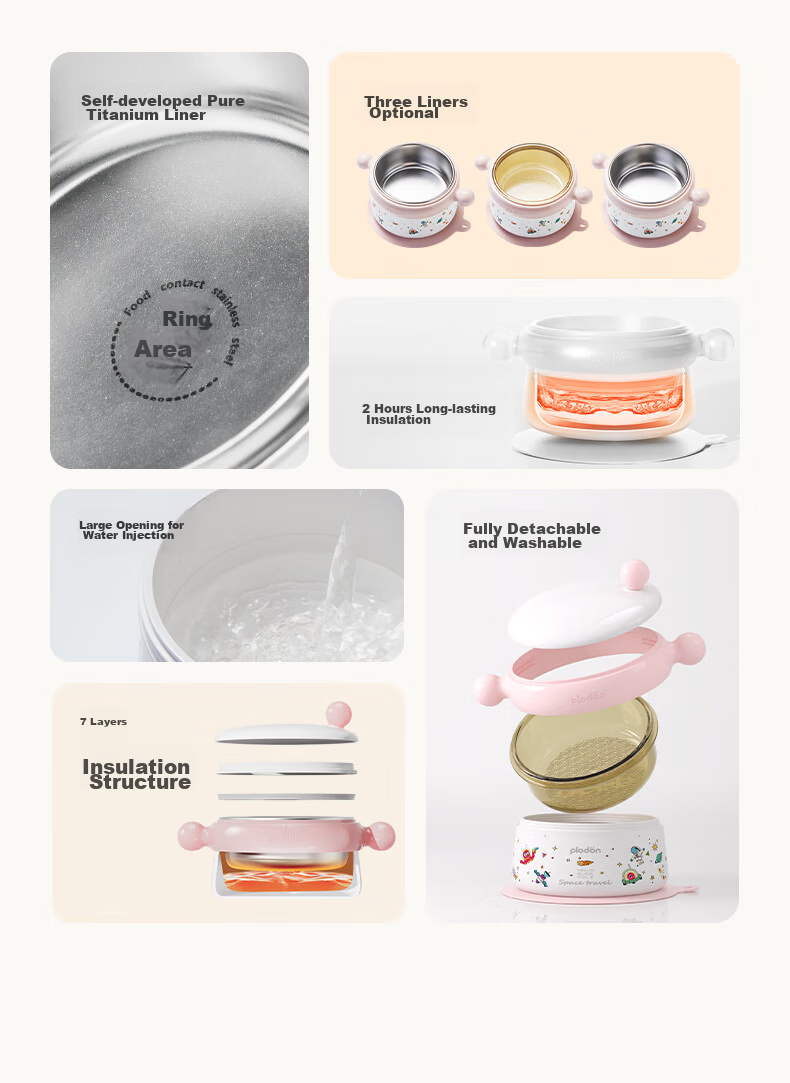 PLODON Baby Food Bowl with Temperature Control Water Injection, 316 Stainless Steel Insulated Feeding Bowl, Anti-Fall Children's Tableware for Infants 4