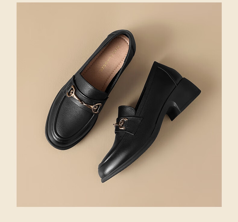 ZHR Top-Grain Leather Loafers for Women, Chunky Heel Commuter Leather Shoes, Slip-On Soft-Soled Flats for Women KM03 Black Size 40 11