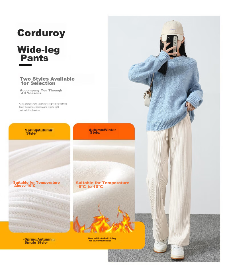 FitonTon Corduroy Wide-Leg Pants for Women, Spring And Autumn 2026, High-Waisted Slimming Draping Loose Straight-Leg Casual Ladies Trousers 3
